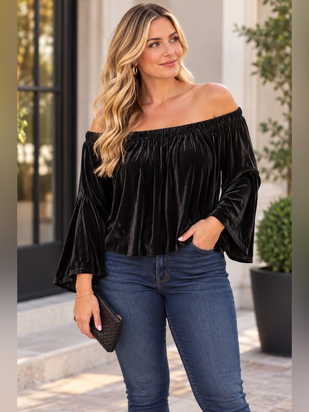 Hollister Off-Shoulder Velvet Bell Sleeve Top